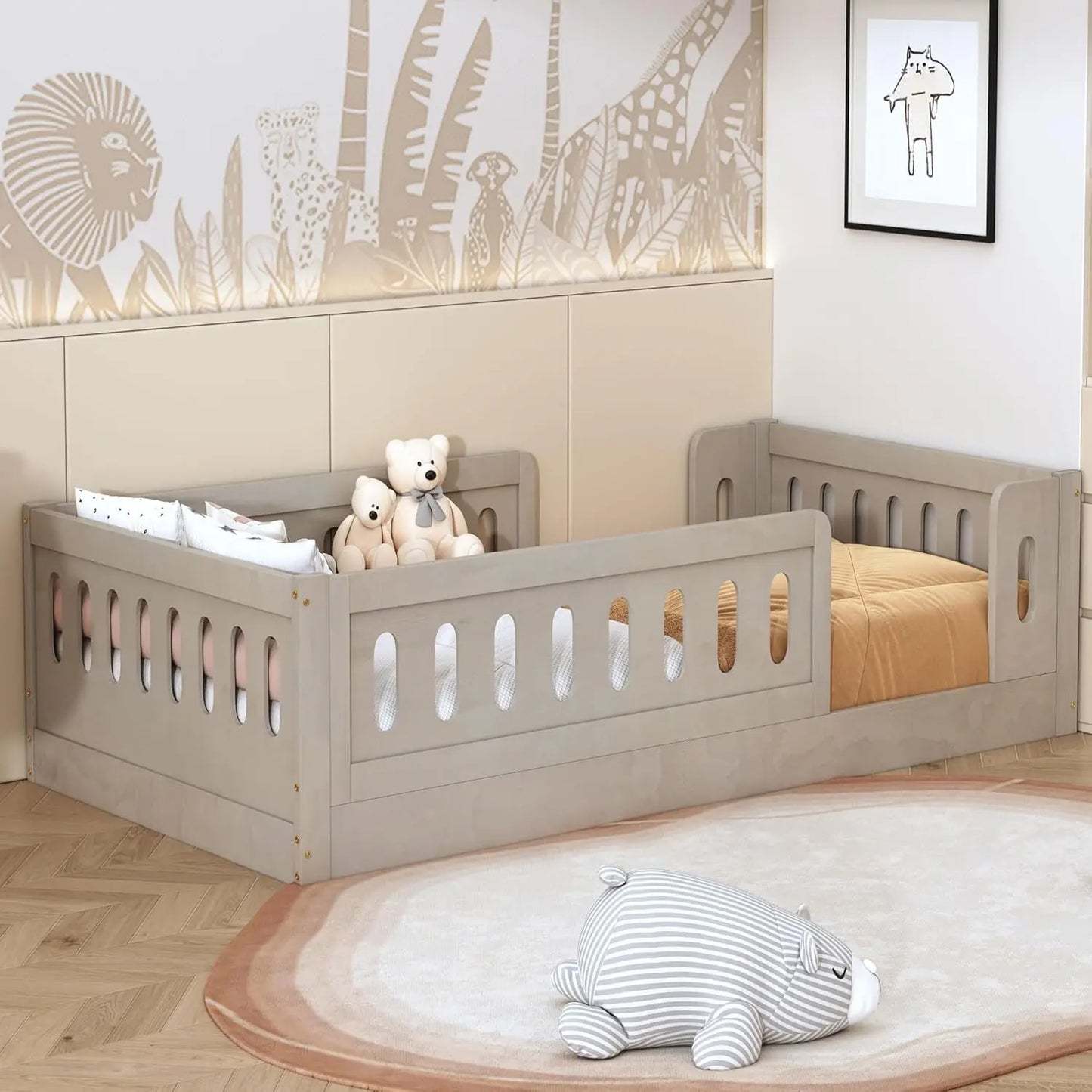 Cama de plataforma de tamaño doble con barandillas de seguridad, estructura de cama de piso Montessori para niños (natural)