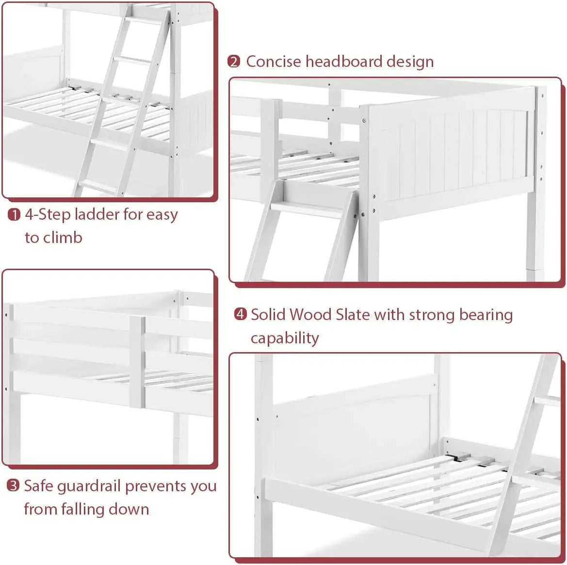 Wood Twin Over Twin Bunk Beds Convertible 2 Individual Twin Beds for Kids Children, Solid Rubberwood Bunk Bed with Ladder and Sa