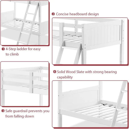 Litera de madera de dos plazas sobre dos camas individuales convertible en dos camas individuales para niños, litera de madera maciza de caucho con escalera y escalera