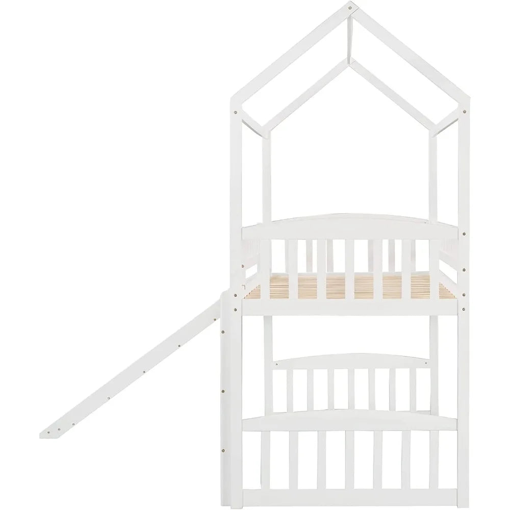 Lit mezzanine double avec toboggan, cadre de lit en bois massif en forme de maison avec garde-corps sur toute la longueur, aucun ressort nécessaire et conception peu encombrante