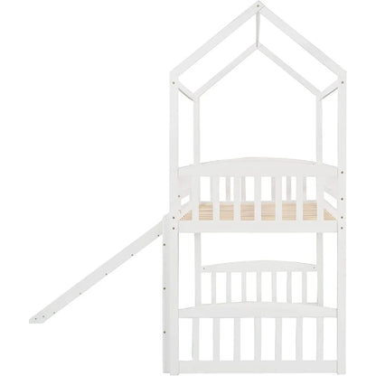 Lit mezzanine double avec toboggan, cadre de lit en bois massif en forme de maison avec garde-corps sur toute la longueur, aucun ressort nécessaire et conception peu encombrante