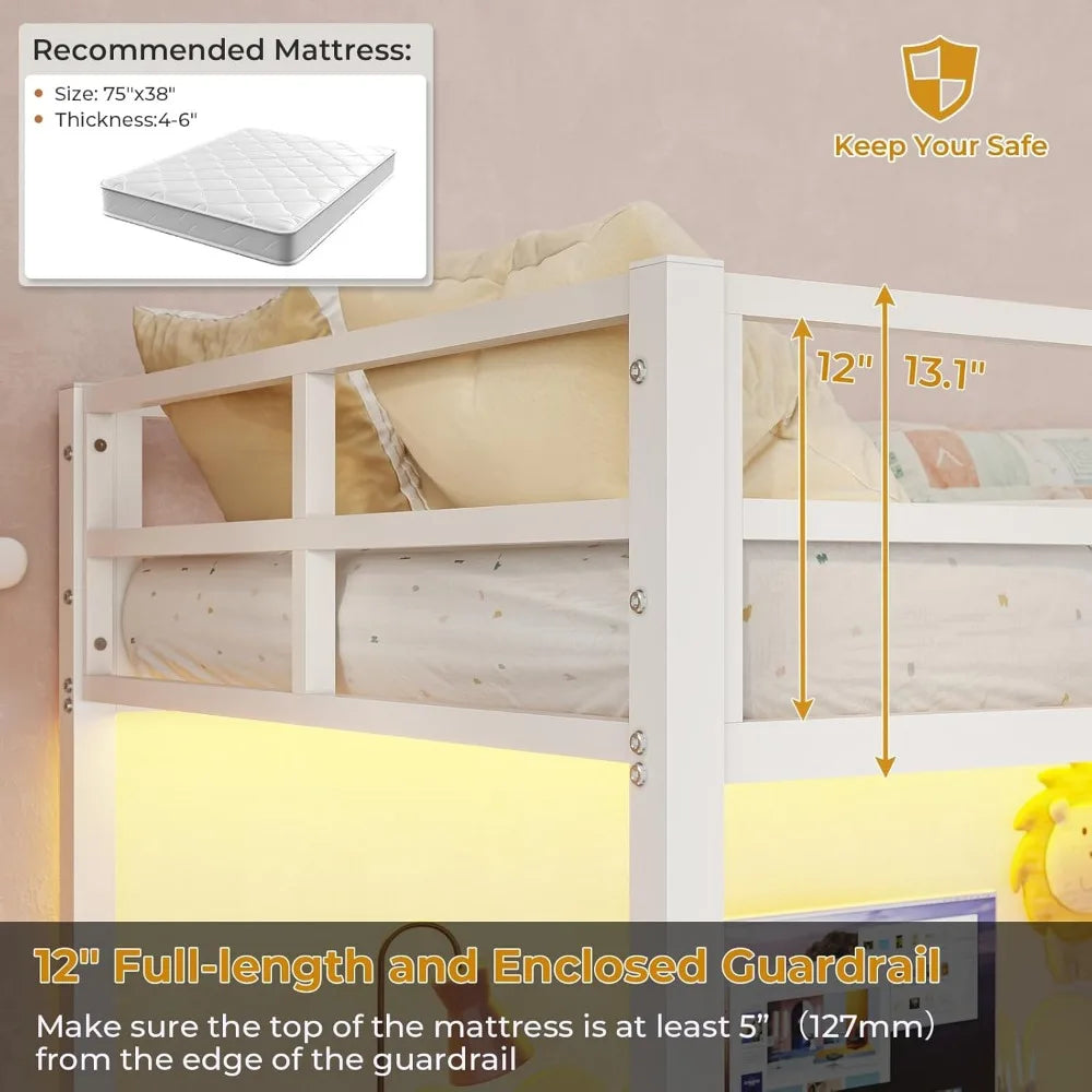 Cama alta, con escritorio y luces LED Cama alta de metal completa con toma de corriente Estructura de cama con litera superior y protección de seguridad y escalera, cama