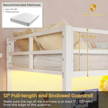 Cama alta, con escritorio y luces LED Cama alta de metal completa con toma de corriente Estructura de cama con litera superior y protección de seguridad y escalera, cama