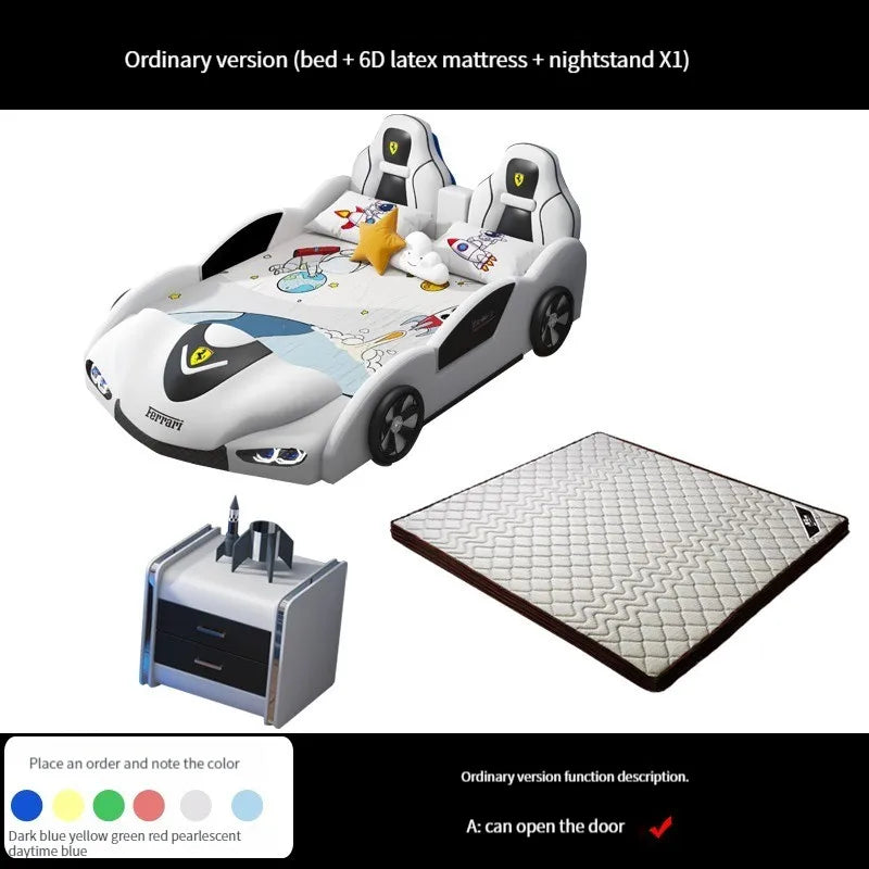 Cama infantil multifuncional con forma de coche para niños, marco de madera, dormitorio, cama versátil con dibujos animados y estilo con 2 mesitas de noche