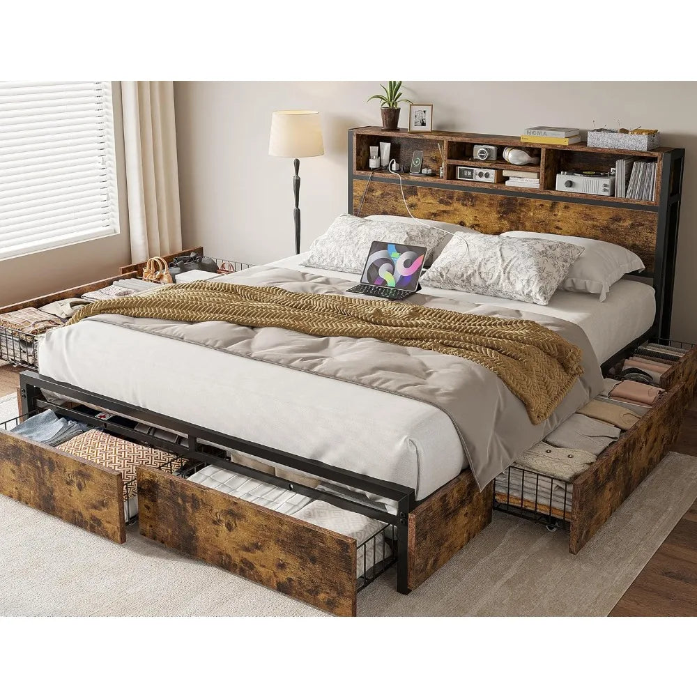 Queen Bed Frame with 6 Storage Drawers,Headboard,Charging Station & Storage No Noise,No Box Springs Needed,Vintage Brown.