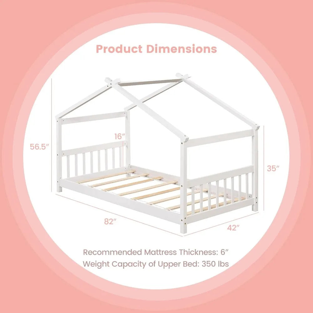 Cama infantil de madera maciza con techo, cabecero y pie de cama, estructura de cama doble de piso bajo para niños pequeños, adolescentes, niñas y niños