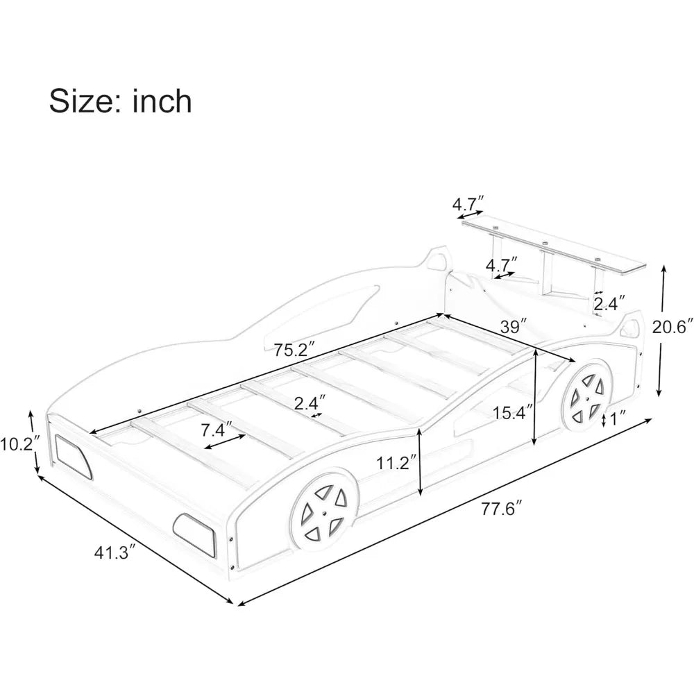 Cama de tamaño doble con forma de coche de carreras para niños, plataforma de madera roja con estantes de almacenamiento abiertos, barandillas de seguridad, no requiere somier