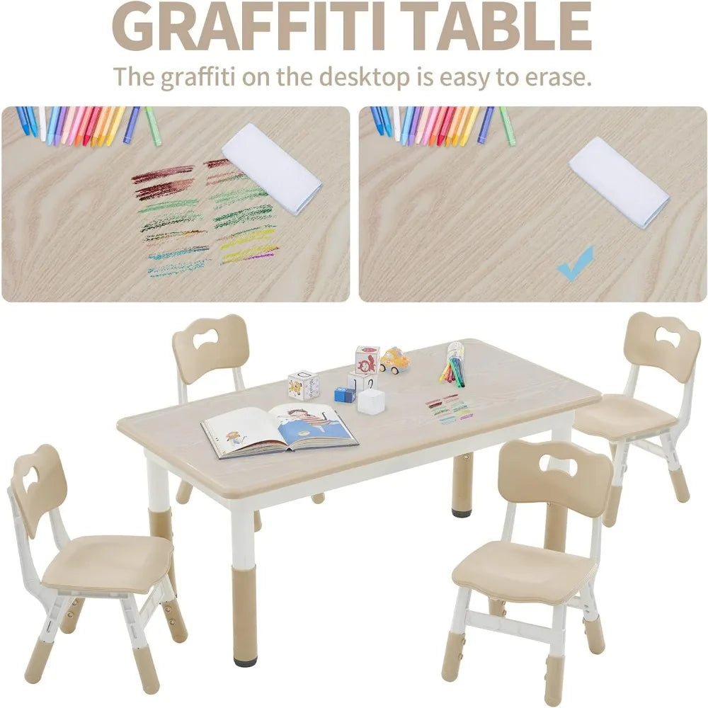 Juego de mesa y sillas para niños pequeños de 4 a 12 años, 47,2 pulgadas de largo x 23,6 pulgadas de ancho, juego de mesa y silla de estudio para niños, altura ajustable, escritorio con grafiti