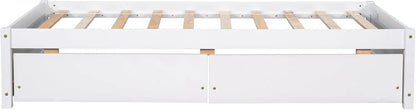 Lit simple à plateforme blanc pour deux personnes, cadre de lit en bois pour chambre à coucher, lit de rangement avec tiroirs pour enfants, pas besoin de sommier