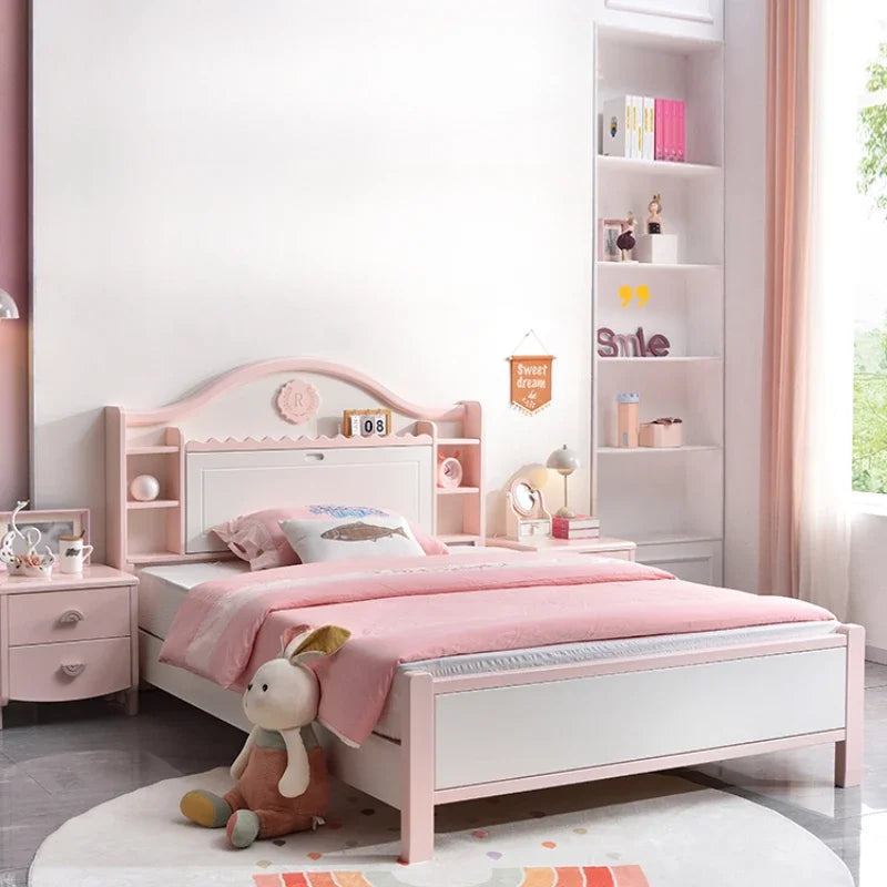 Bonita cama doble moderna para niñas con cajones de almacenamiento, cama alta estilo villa, cama de princesa de madera maciza, muebles de dormitorio matrimonial