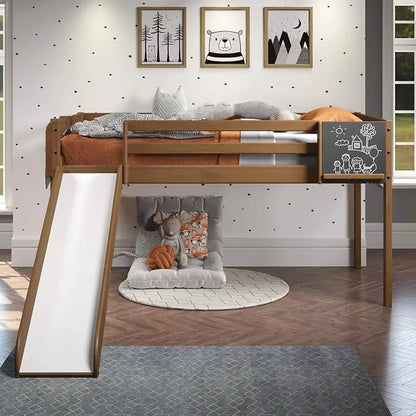 Cama alta para niños pequeños con tobogán, tobogán para cama alta con escalera, pizarra, madera de pino