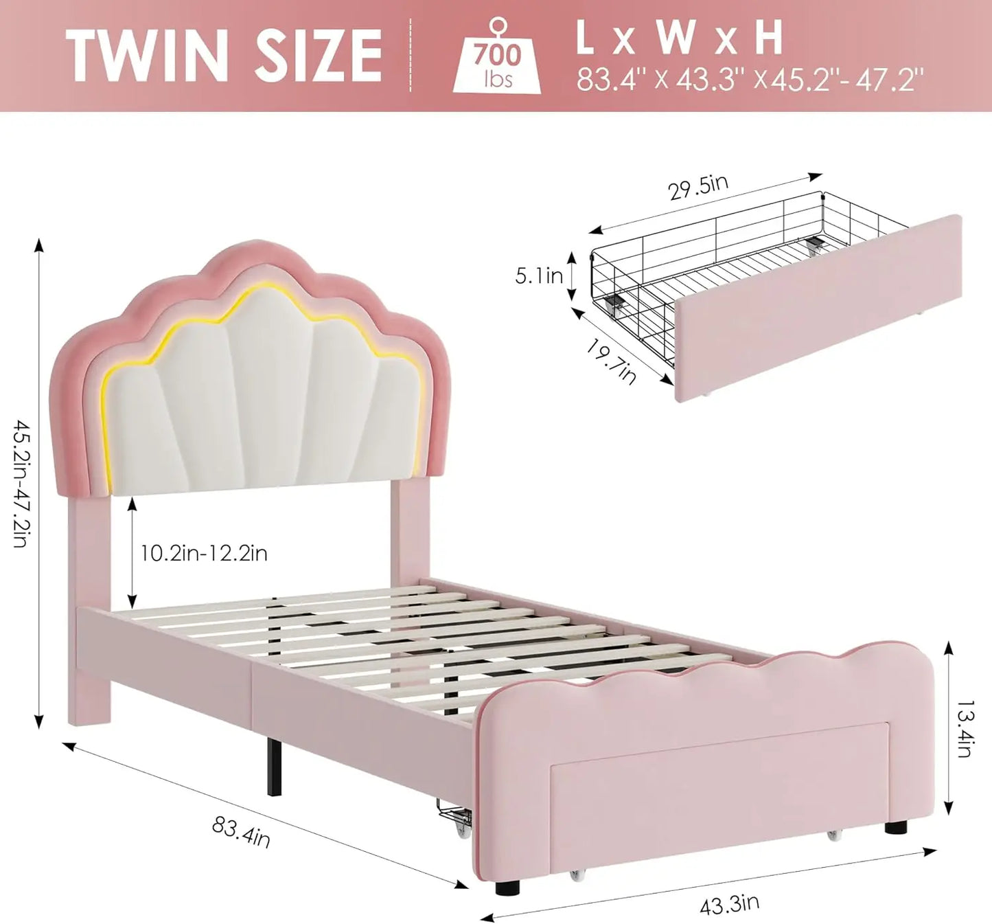 Twin Upholstered LED Bed Frame with Storage Drawer Cute Girls Bed with Adjustable Lotus Headboard Velvet Princess Platform