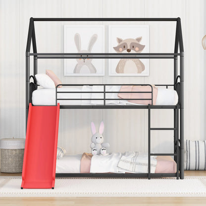 Litera de metal para dos personas con tobogán, cama tipo casa para niños, color negro y rojo