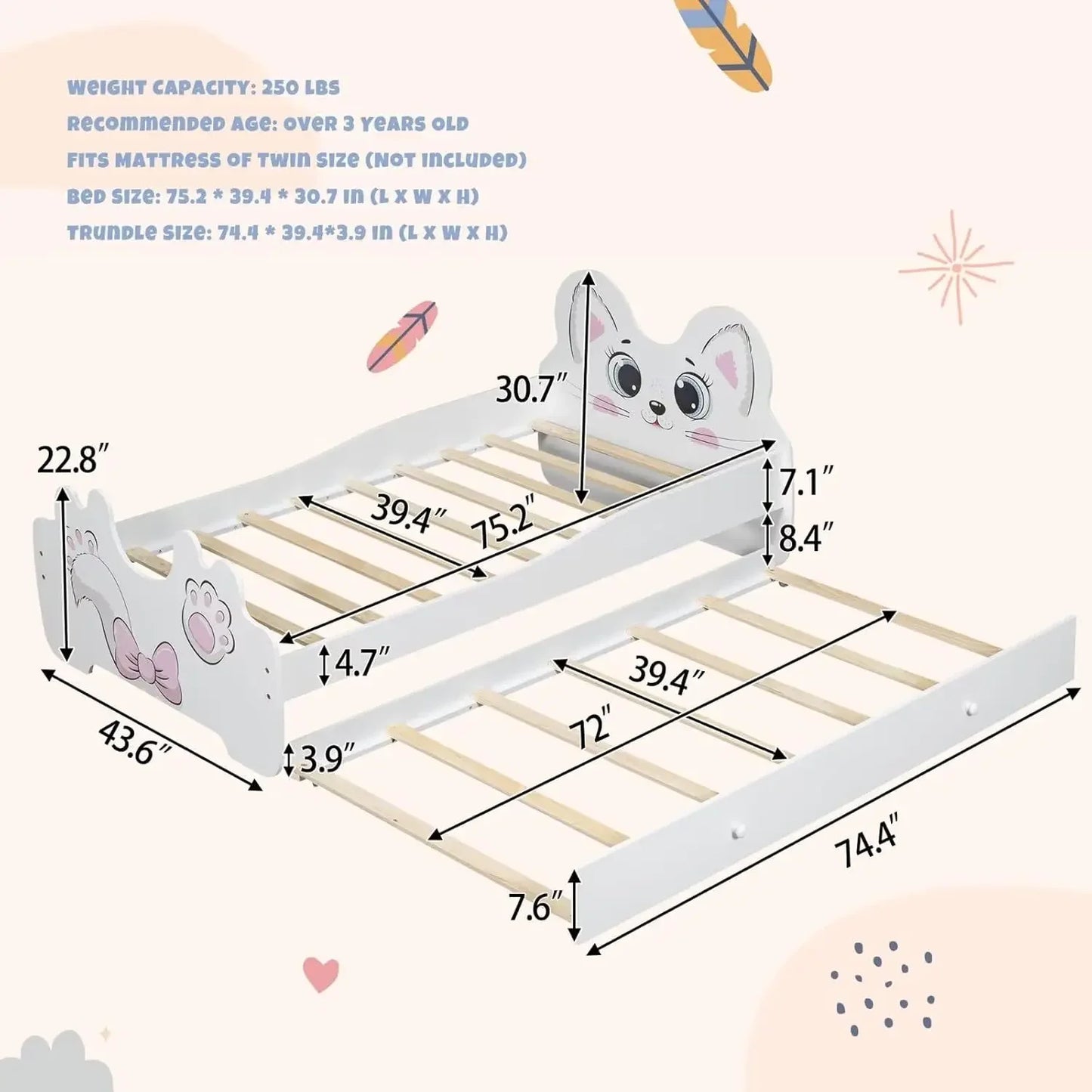 Lit plateforme pour enfants Merax Twin Size en forme de chat avec lit gigogne, cadre de lit en bois, pas besoin de sommier, blanc