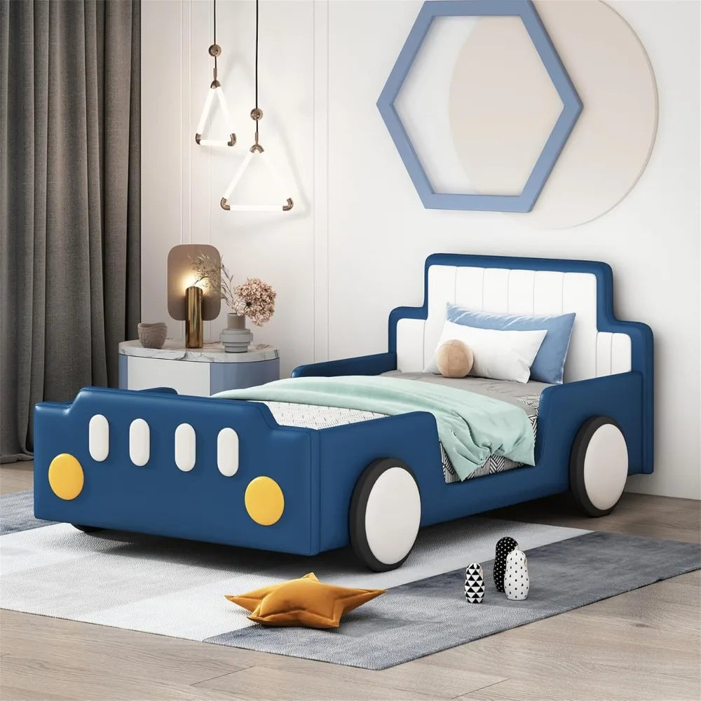 Cadre de lit de voiture en cuir PU pour garçons, taille double, cadre de lit pour enfants avec tête de lit, convient au matelas double standard (sans matelas)