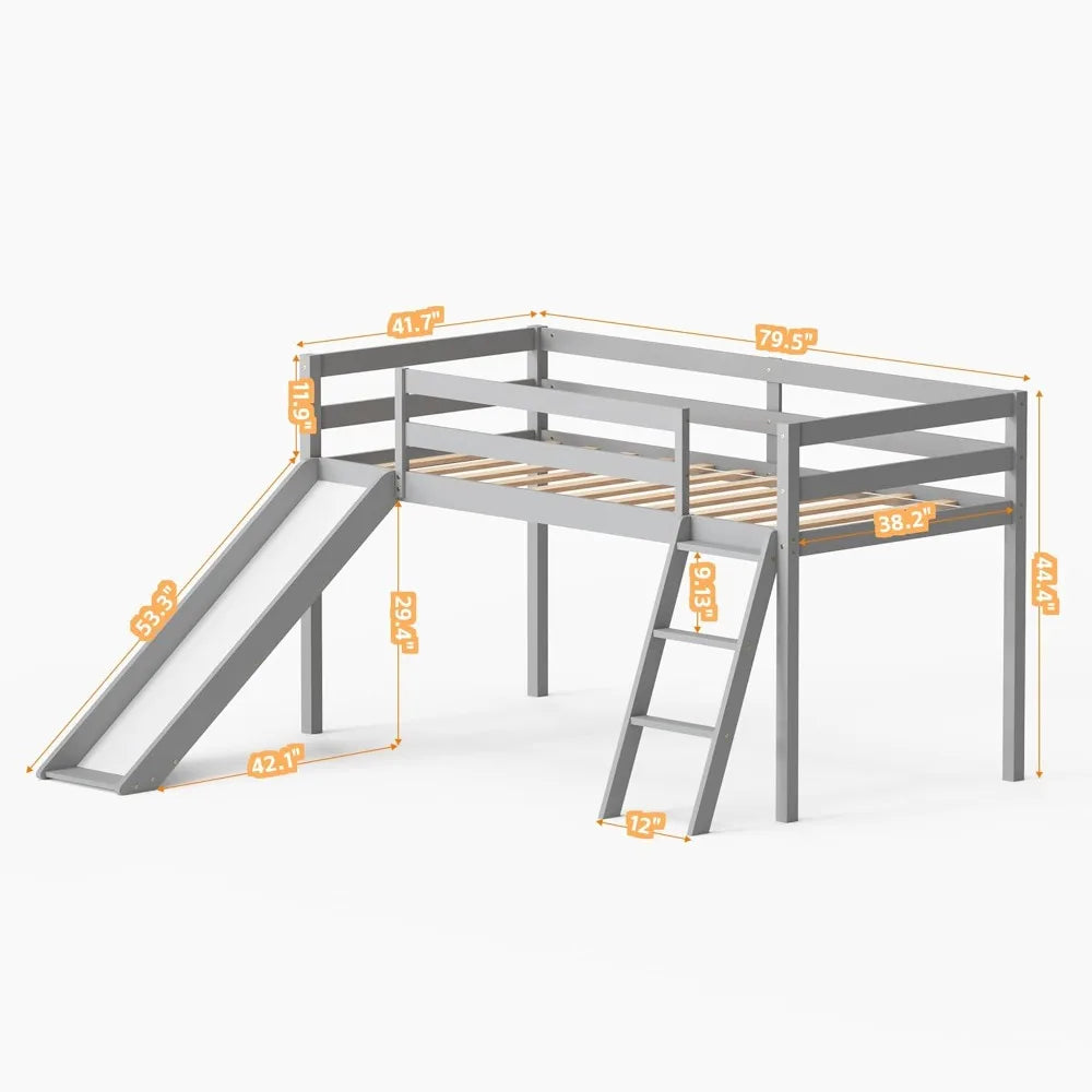 Lit mezzanine bas avec toboggan, cadre de lit mezzanine simple en bois avec échelle d'escalade et espace de rangement pour enfants et tout-petits