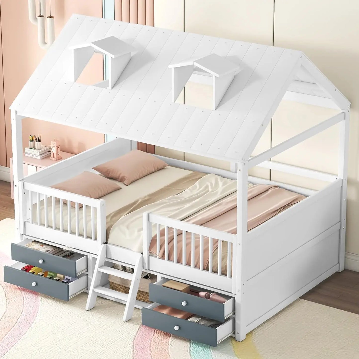 Lit de maison Softsea pleine grandeur avec tiroirs de rangement, cadre de lit en bois avec garde-corps et échelle coulissante, lit en forme de maison pour enfants,