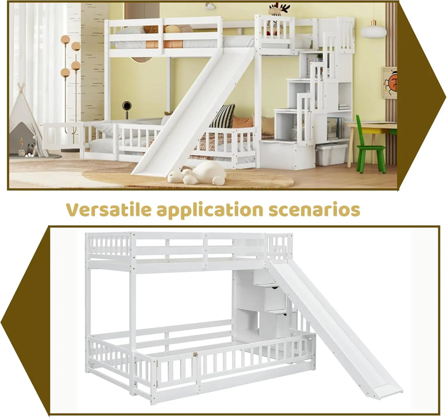 Lit superposé simple sur double avec escalier de rangement et toboggan, lit multifonctionnel en bois avec garde-corps et porte inférieure pour enfants, blanc