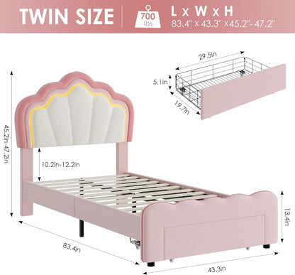 Marco de cama tapizado con luces LED y cajón de almacenamiento, linda cama para niñas con cabecero ajustable con forma de loto, cama de plataforma de princesa de terciopelo