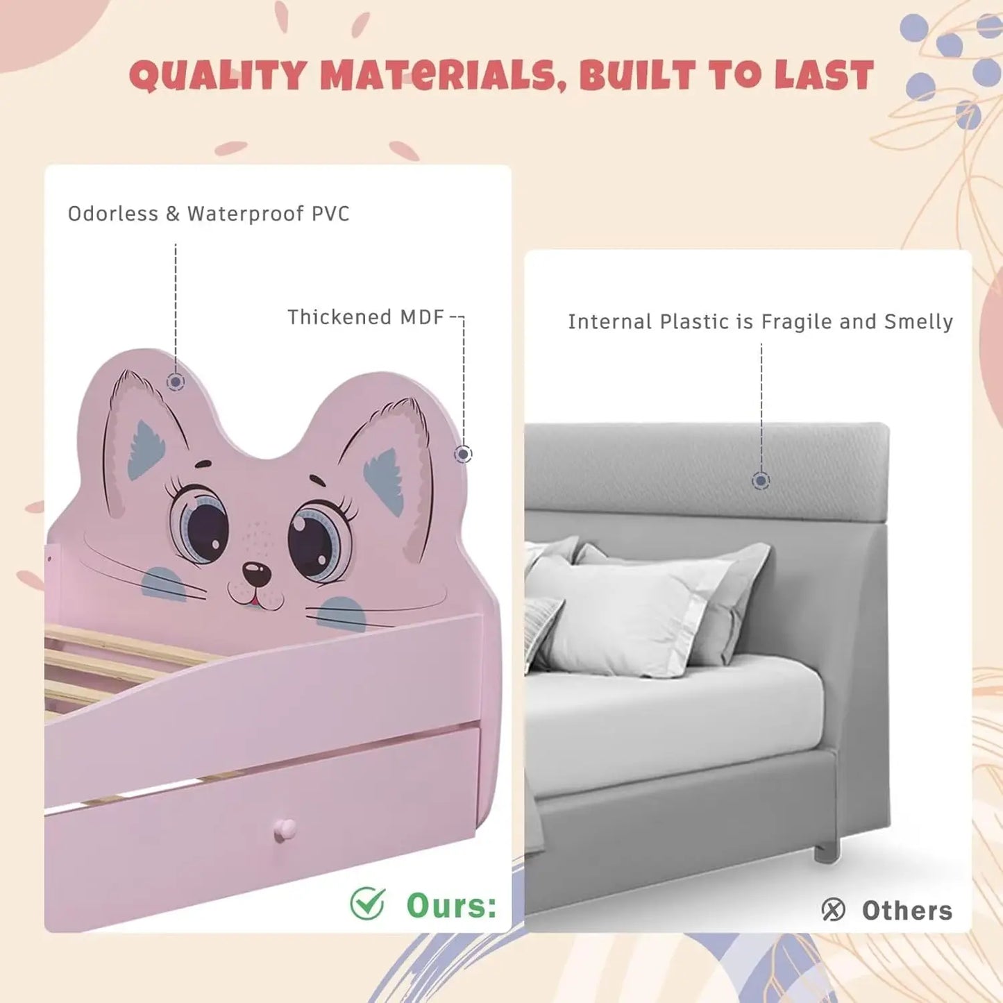 Merax Children Cat-Shaped Platform Bed with Trundle, Wooden Bedframe, No Box Spring Needed, Twin Size, Pink