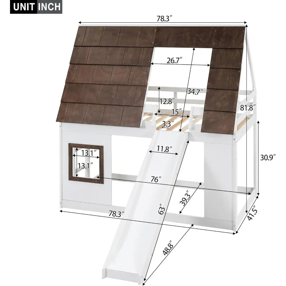 Litera Twin sobre Twin House con techo y ventana Litera baja de madera con tobogán y escalera incorporada Estructura de litera para niños