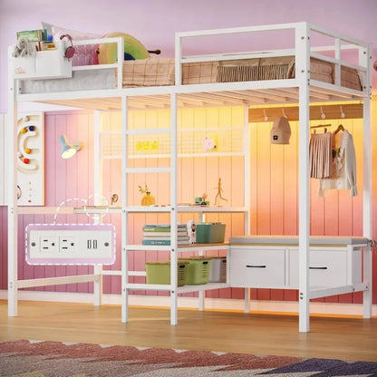 Loft Bed with L-Shaped Desk, LED Lights and Charging Station with Storage Shelves and Coat Rack with 2 Storage Drawers, Kids Bed