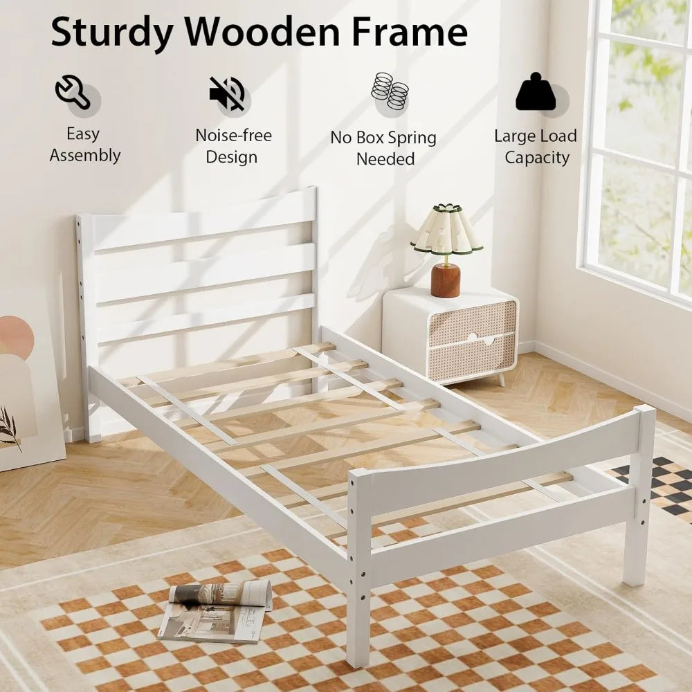 Wood Twin Bed Frame, Modern White Platform Bed w/Headboard & Footboard, Solid Wood Slat Support, No Box Spring Needed