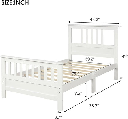 Solid Wood White Twin Platform Bed for Kids, Twin Platform Bed Frame with Headboard/Footboard/Wood Slat Support,No Box Spring Ne