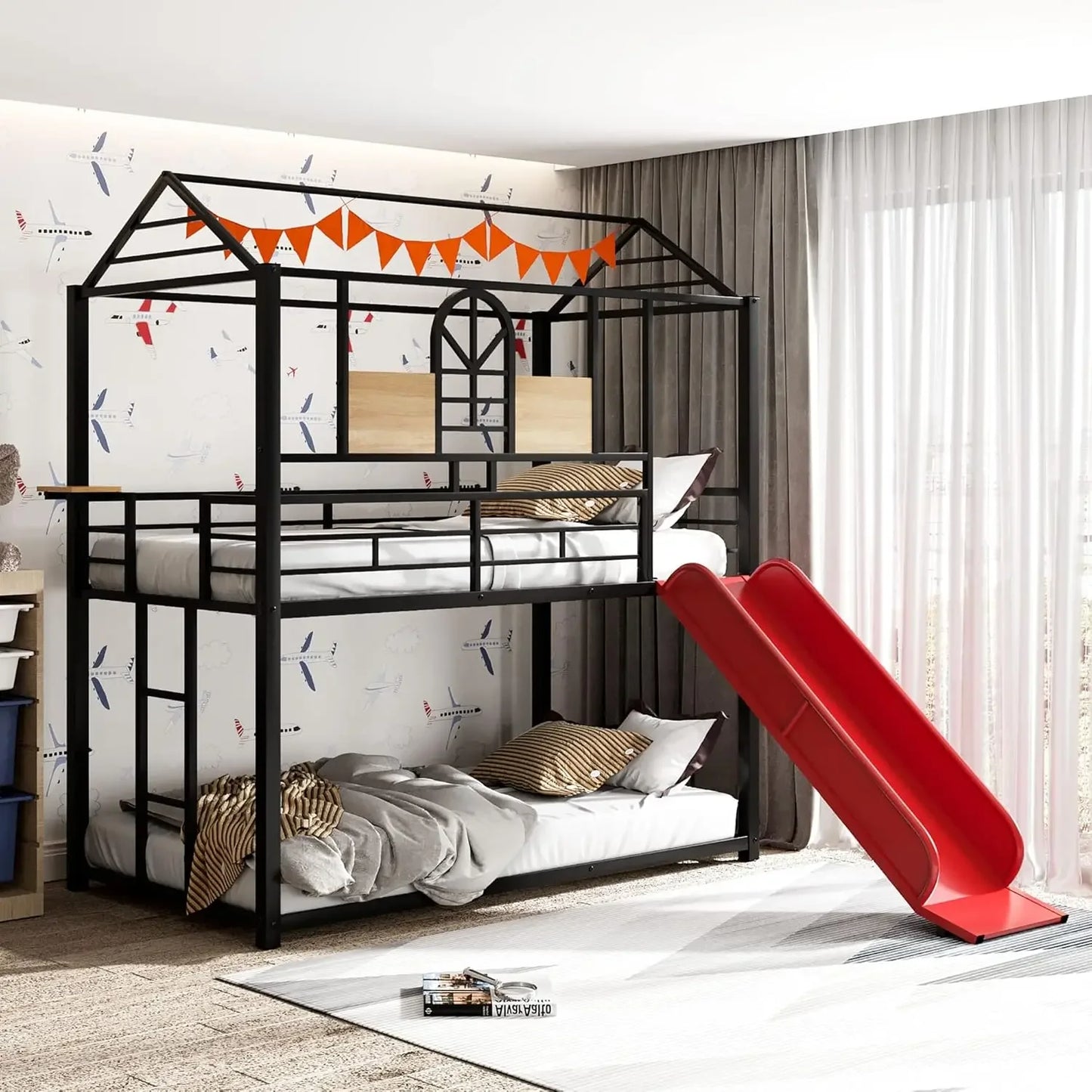 Kids Twin Over Twin Bunk Beds with Slide and Trundle, Bed Frame with Stairs and Storage, Playhouse Bunk Bed with Roof and Window