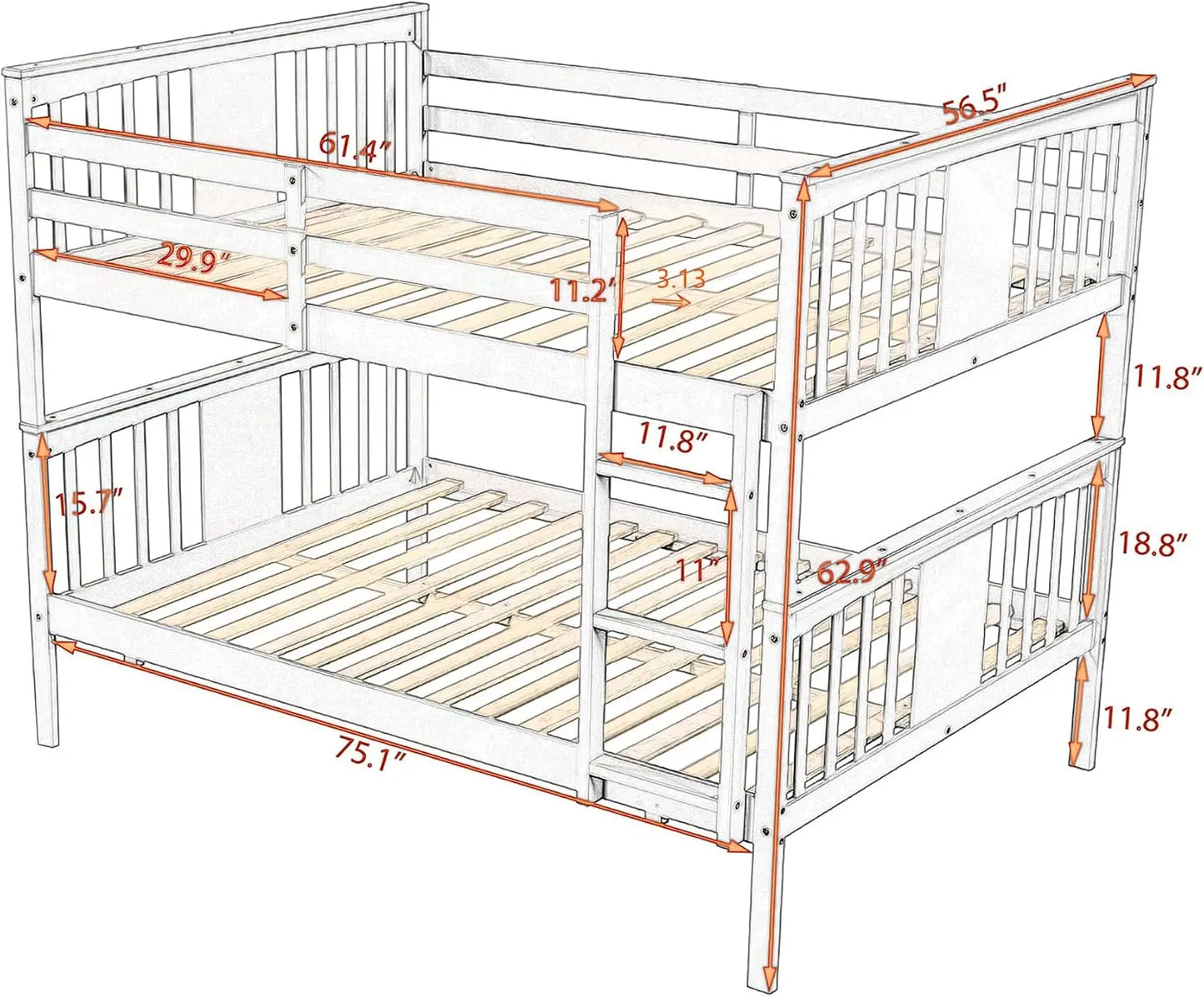 Literas Lostcat de tamaño completo, litera de madera de tamaño completo con barandilla de gran longitud y escalera para dormitorio de niños y adolescentes