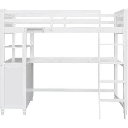 Cama alta tamaño twin con escritorio y tocador, cama de madera con cajones de almacenamiento y estantes para niños y adolescentes, no necesita somier, color blanco