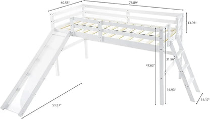 Loft Bed with Slide, Twin, Space Saving Kids Low Loft Bed with Guardrail and Ladder, Pine Wood and Sturdy Bed Frame for Boys and