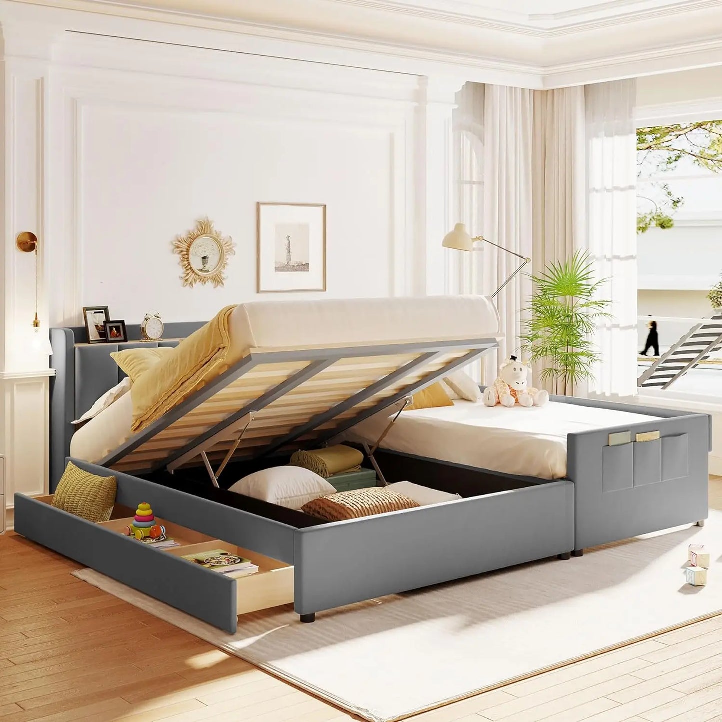 Cama con plataforma tapizada para madre e hijo, tamaño Queen y Twin XL, con sistema de almacenamiento hidráulico, cajón