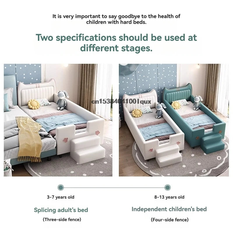 Cama de cuero para niños con empalme, muebles de dormitorio de estilo italiano, cama de madera para niños y niñas, linda cama para bebé con barandilla de seguridad