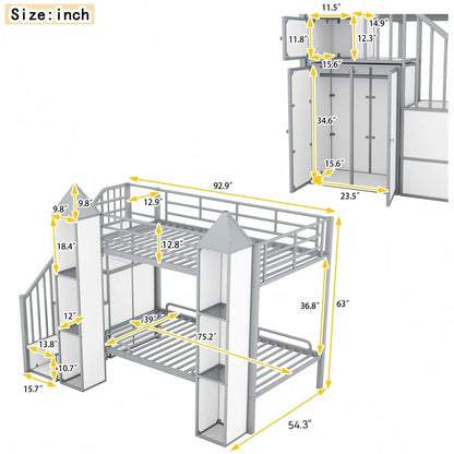 Litera de metal con dos camas individuales y forma de castillo con armario y varios espacios de almacenamiento, color negro y blanco, camas para niños, camas altas, literas