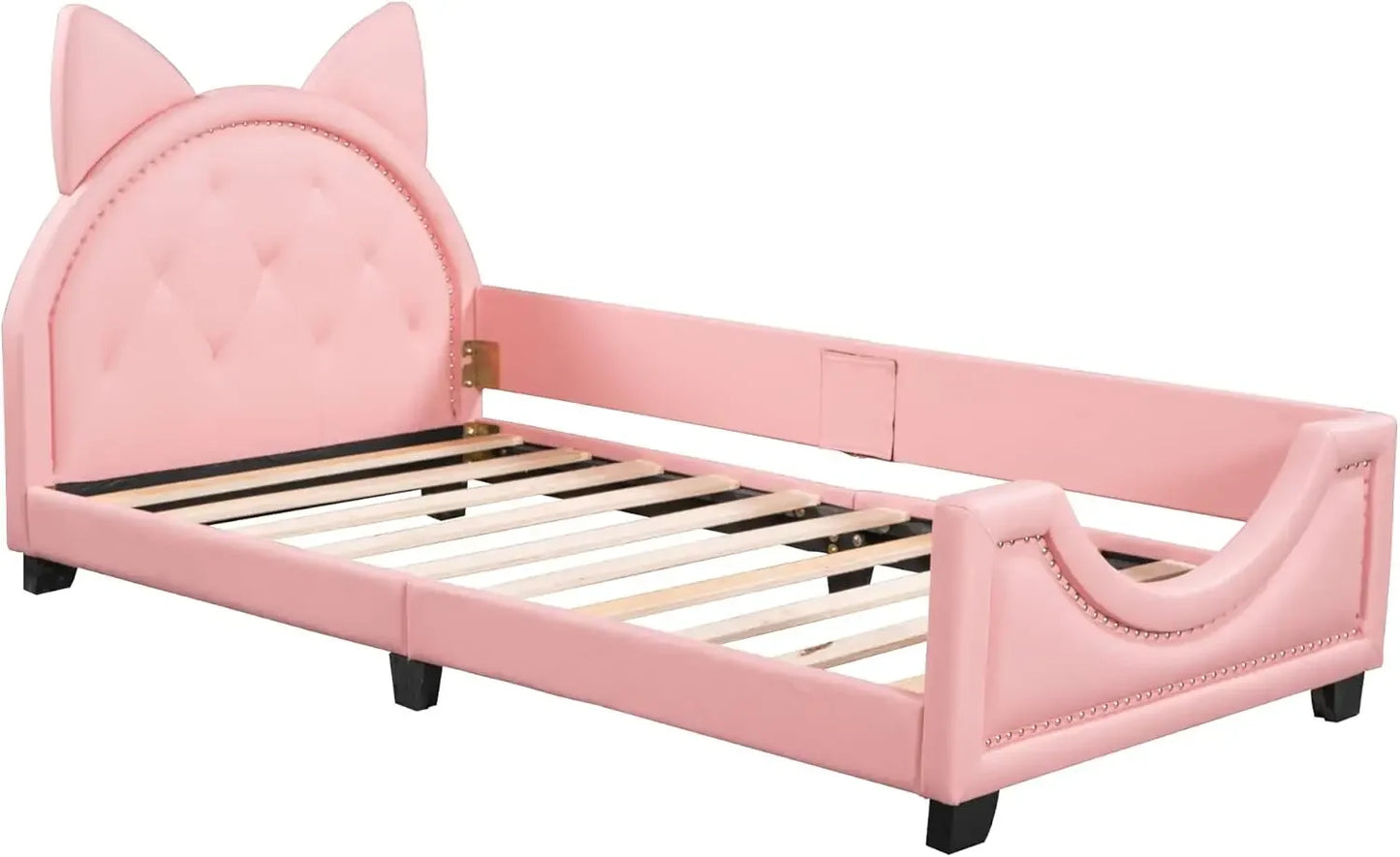 Cama de día tapizada tamaño twin con cabecero de orejas de conejo, estructura de cama con plataforma para niños, dormitorio infantil, no necesita somier