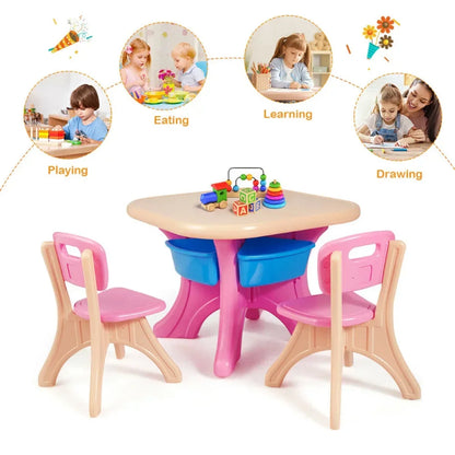 Juego de mesa y sillas de plástico para niños, 3 piezas, muebles de juego