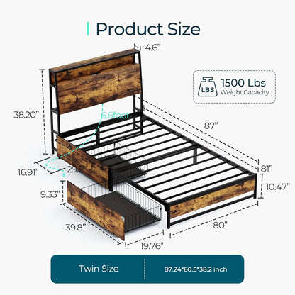 Twin Bed Frames with Ergonomic Headboard & Lights, Twin Size Bed Frame with 2 Drawers & Charger, Kids Bed Frame with Storage, Ru