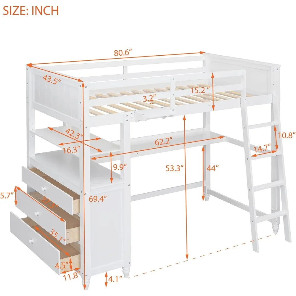 Lit mezzanine double avec bureau et commode, lit en bois avec tiroirs de rangement et étagères pour enfants et adolescents, pas besoin de sommier, blanc