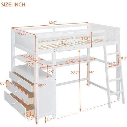 Lit mezzanine double avec bureau et commode, lit en bois avec tiroirs de rangement et étagères pour enfants et adolescents, pas besoin de sommier, blanc