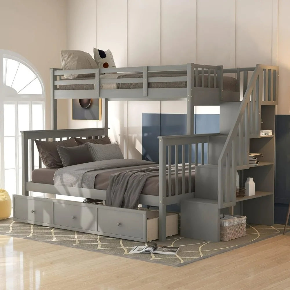 Litera doble sobre cama matrimonial con escaleras y cajones de almacenamiento, estructura de litera con escalera de madera noble para niños, adolescentes y adultos, dormitorio, dormitorio