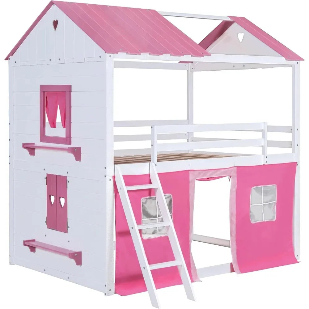 Twin Loft Bunk Bed with Tent, Kid Loft Bed with Ladders Guardrail Windows and Roof, Wood Twin Over Twin Bunk Beds for Kids