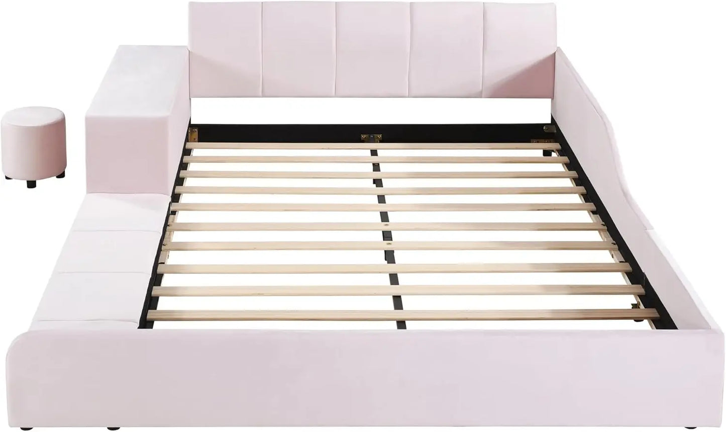 Cama Queen tapizada Softsea con plataforma para madre e hijo, mesita de noche y taburete redondo pequeño, tela de terciopelo