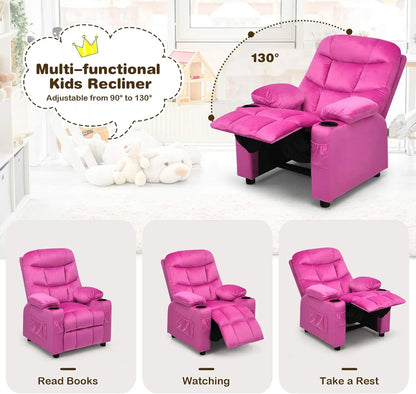 Kids Velvet Recliner Chair with Cup Holder, Footrest & Side Pockets for Children Boys Girls Baby Bedroom, Adjustable, Er