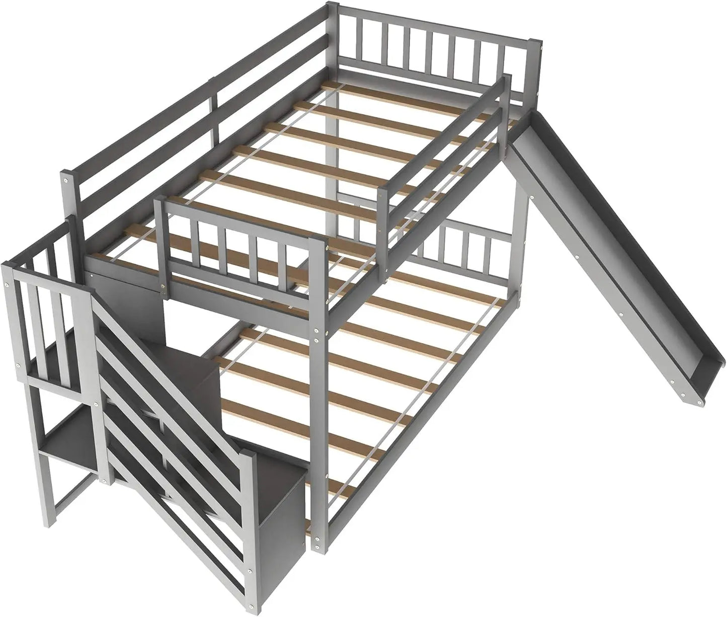 Lit superposé bas en bois massif pour enfants Lit superposé simple au sol avec toboggan et escalier Escalier avec étagères de rangement Main courante Gris