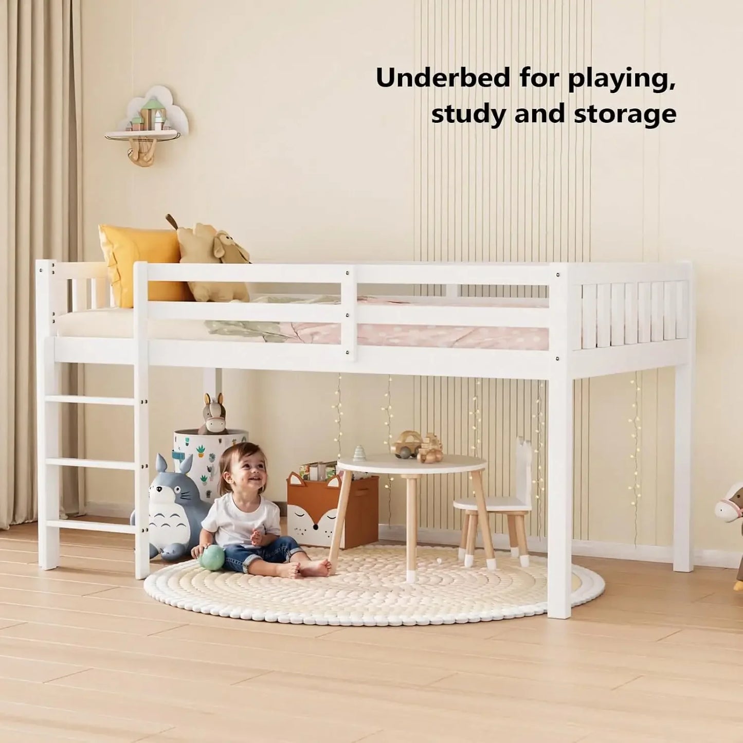 Cama alta doble con estructura de cama baja para niños pequeños, habitación pequeña o dormitorio de techo bajo con barandilla y escalera, color blanco