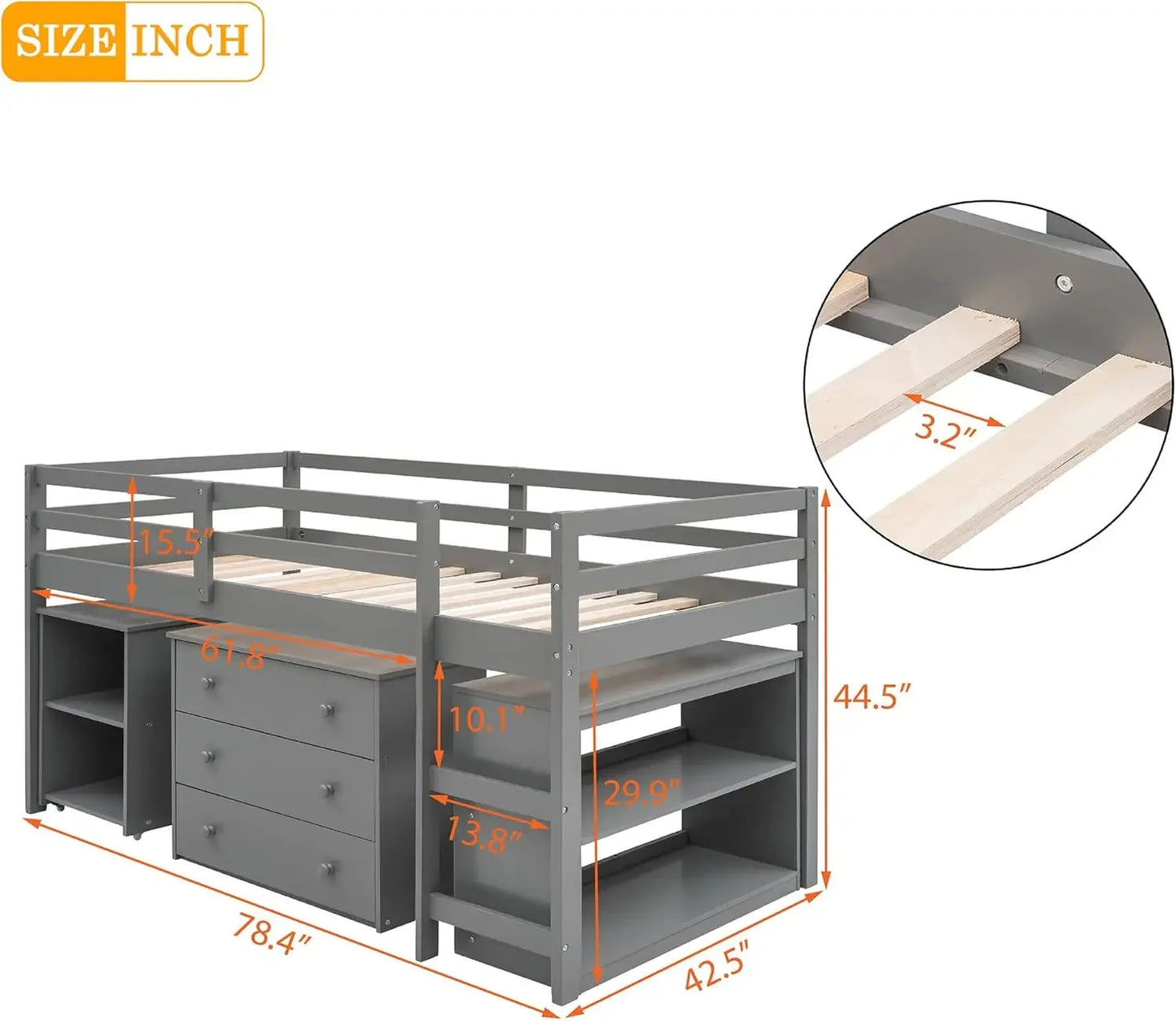 Cadre de lit mezzanine bas en bois massif pour deux personnes avec échelle pour lits superposés pour enfants, armoire + bureau, gris pur