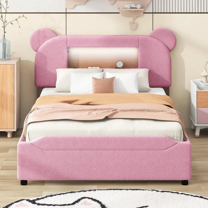 Modern Full Size Upholstered Storage Platform Bed with Cartoon Ears Headboard and Drawers, LED and USB,for Kids Boys Girls Teens