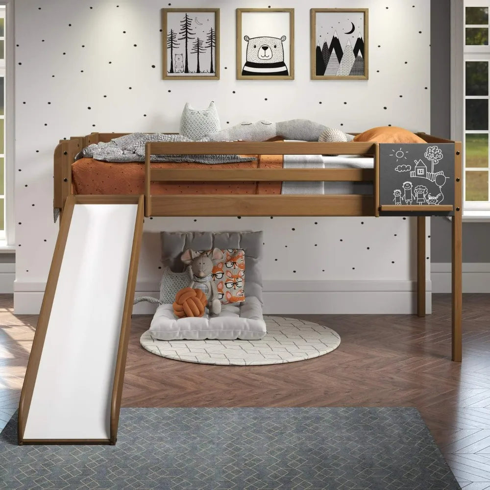 Cama alta para niños pequeños con tobogán, tobogán para cama alta con escalera, pizarra, madera de pino