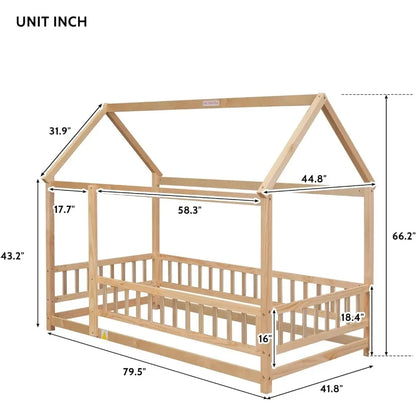 Lit double au sol, lit Montessori en bois avec clôture et toit pour enfants, cadre de lit double Playhouse pour filles